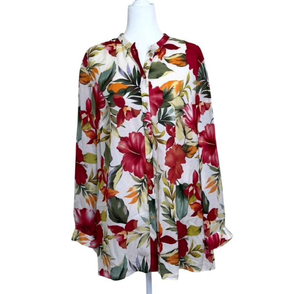 Due Per Due Womens 14W Top Silk Long Sleeve Button-Up Blouse Floral White Red